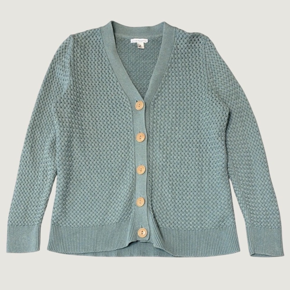 L.L. Bean Cotton Cardigan V Neck Basketweave Blue M Petite Cottagecore Coastal